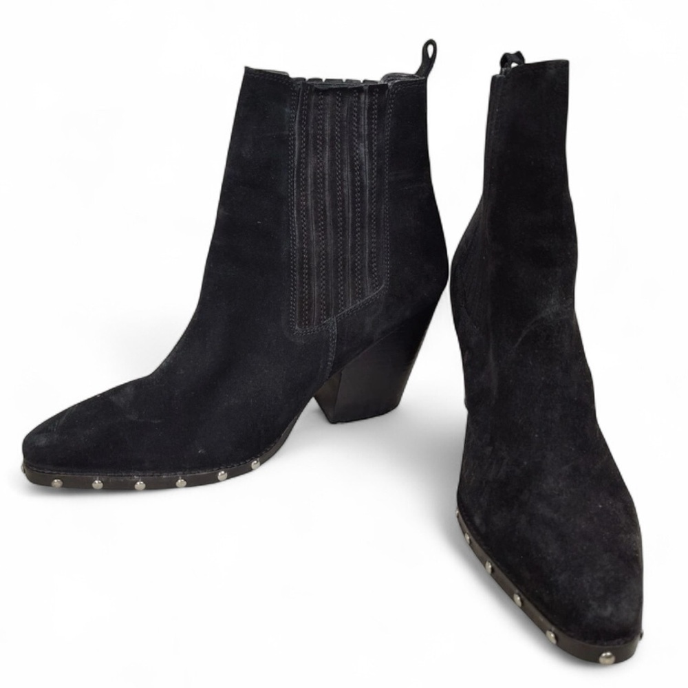 Asos Design Women Boots Size 7 Black Suede Pull On Studded Heeled Western Bootie